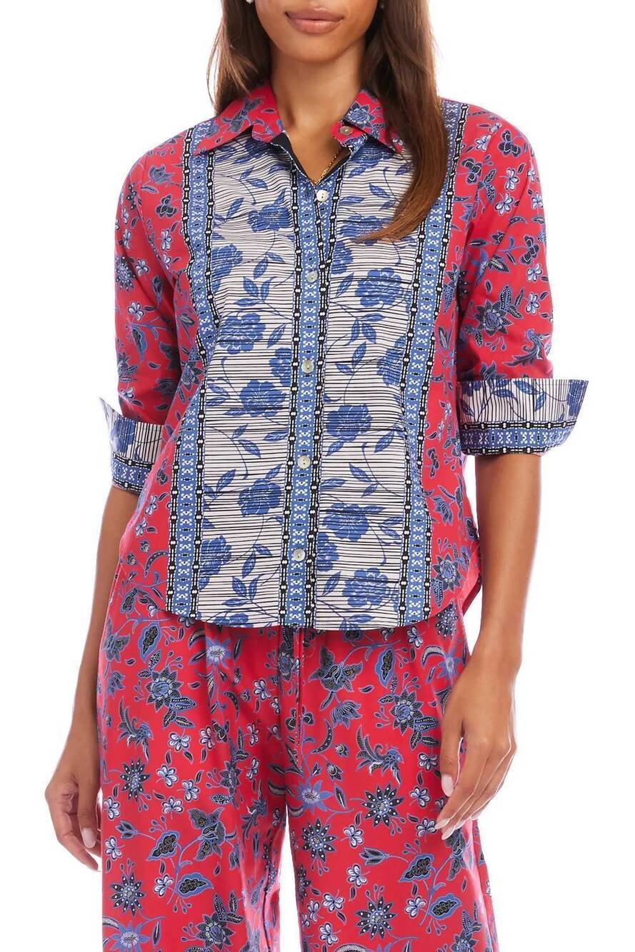 NEW KAREN KANE floral ruched sleeve cotton button-up shirt in red